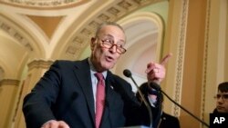FILE - Senate Minority Leader Chuck Schumer, D-N.Y., speaks with reporters at the Capitol in Washington, March, 14, 2017.