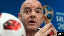 Le président de la Fifa, Gianni Infantino, lors d’une conférence de presse à Moscou le 13 juillet 2018.