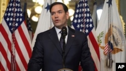 U.S. Secretary of State Marco Rubio speaks after being sworn in by Vice President JD Vance in the Vice Presidential Ceremonial Office in the Eisenhower Executive Office Building, in Washington, Jan. 21, 2025.
