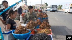 Cambodian vendors sell deep-fried crickets and bugs on a street in Phnom Penh, file photo. 