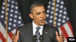 Presiden Barack Obama memaparkan kebijakan anggaran dalam pidato di Universitas George Washington, Washington DC hari Rabu (13/4).