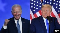 美國共和黨候選人特朗普（右）和民主黨總統候選人拜登分別在選舉日之夜。（2020年11月3日）