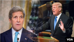 Presiden AS Donald Trump (kanan) dan mantan Menlu AS John Kerry (kiri).