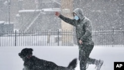  El Dr. Charles Blomquist juega con su Newfoundland Daphne en St. Joseph's el jueves 17 de diciembre de 2020, en Pittsfield, Mass. (Ben Garver / The Berkshire Eagle vía AP)