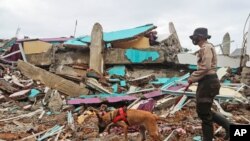 A police officer leads a sniffer dog during a search of victims at the ruin of a building flattened by an earthquake in Mamuju, West Sulawesi, Indonesia, Jan. 17, 2021.