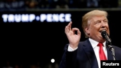 Republican U.S. presidential nominee Donald Trump speaks at a campaign rally in Wilkes-Barre, Pennsylvania, Oct. 10, 2016. 