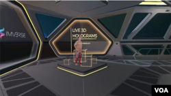 En esta imagen tomada de un video de AP, miembros de una startup practican enviar emisarios holográficos a un espacio de reunión virtual. [Foto video AP]