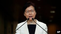 លោក​ស្រី Carrie Lam ប្រធាន​ប្រតិបត្តិ​ក្រុង​ហុង​កុង ថ្លែង​ក្នុង​សន្និសីទ​សារព័ត៌មាន​ កាល​ពី​ថ្ងៃ​អង្គារ ទី​៣ កញ្ញា ២០១៩​ នៅ​ទីក្រុង​ហុងកុង។