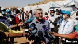 FILE - U.N. High Commissioner for Refugees Filippo Grandi talks to media at the Um Rakuba refugee camp, which houses Ethiopian refugees fleeing fighting in the Tigray region, on the Sudan-Ethiopia border, Sudan, Nov. 28, 2020. Grandi visited camps in Ethiopia in February 2023.