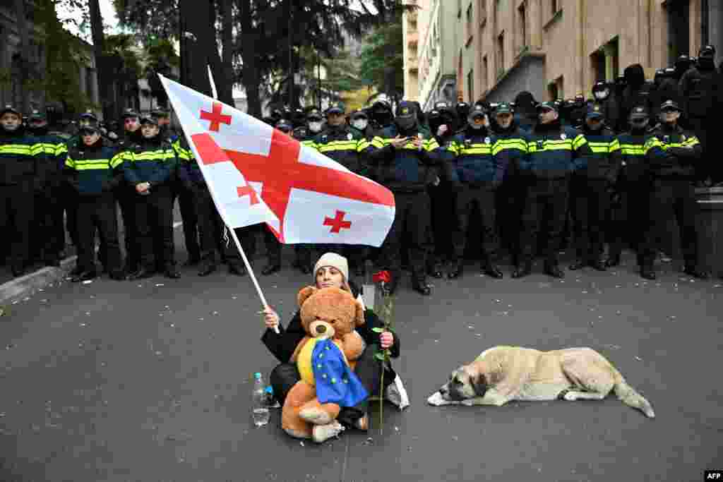 A woman holds a red rose and a Georgian flag as she faces law enforcement officers during a protest against the results of the last month's parliamentary elections in Tbilisi as the Parliament convene its first session.