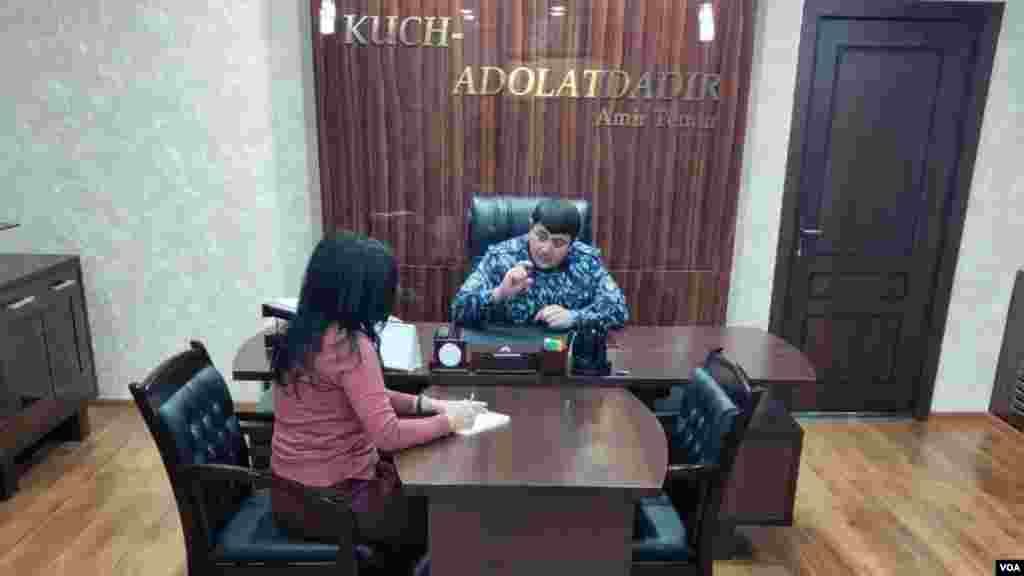 VOA's Navbahor Imamova talking to Lieutenant Colonel Jura Pulatov, Warden, Prison Colony Number 7, Tavaksay, Tashkent, Uzbekistan, Dec 14, 2019