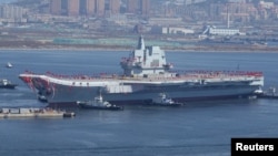 China's first domestically built aircraft carrier is seen during its launching ceremony in Dalian, Liaoning province, China