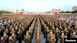지난 13일 평양 김일성광장에서 북한 5차 핵실험을 축하하는 평양시군민경축대회가 열렸다고 조선중앙통신이 보도했다. (자료사진)