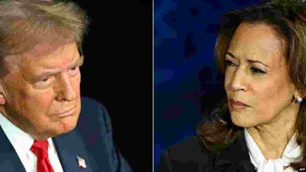 Vice-présidente mpe démocrate Kamala Harris (D) na président ya kala Donald Trump batalani miso na miso na bondongwani na bango na etando eke na National Constitution Center, Philadelphie, Pennsylvanie, 10 sanza ya libwa 2024.