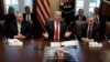 Presiden Donald Trump, dengan poster bergambar dirinya digelar di depannya, berbicara dalam sebuah rapat kabinet di Gedung Putih, Rabu, 2 Januari 2019, Washington, D.C. (foto: AP Photo/Evan Vucci)