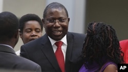 Energy and Power Development Minister Elton Mangoma (center) smiles with relatives at the High Court in Harare, June 28, 2011 (file photo)