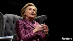 Former U.S. Secretary of State Hillary Clinton speaks during an interview with Mariella Frostrup at the Cheltenham Literature Festival in Cheltenham, Britain, Oct. 15, 2017. 