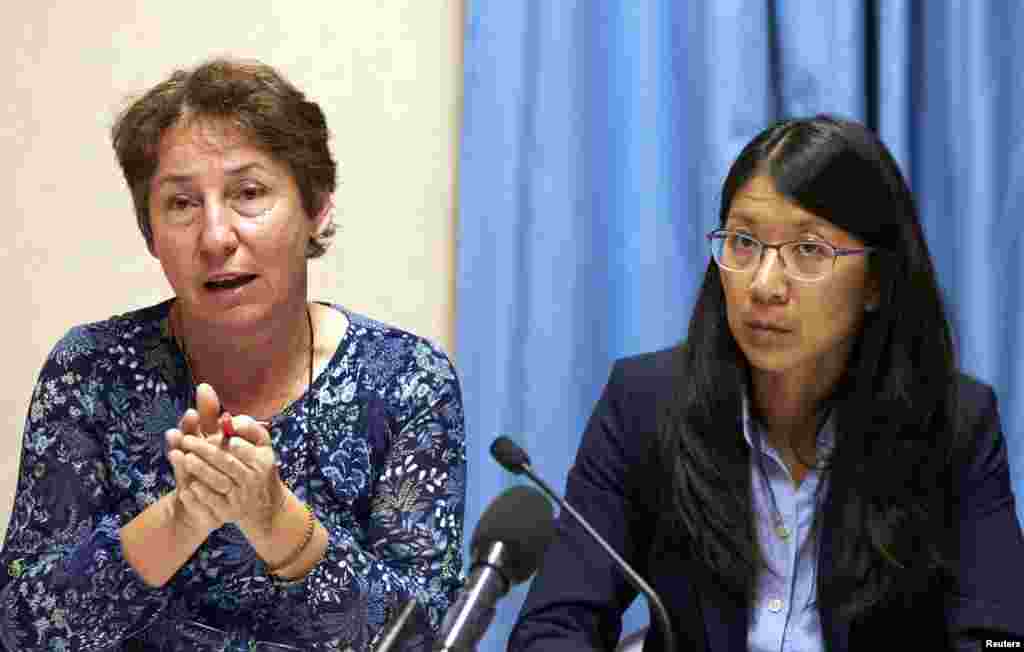 Lauyar Kungiyar Likitoci Masu Taimakama Masu Karamin Karfi (Medecins Sans Frontieres) Francoise Saulnier Tare Da Shugabar Kungiyar A Taron Manema Labarai A Geneva, Oktoba 7, 2015. 