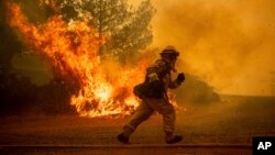 Seorang pemadam kebakaran berlari mencoba menyelamatkan sebuah rumah dari api kebakaran lahan di Lakeport, California, 31 Juli 2018.