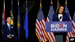 Sen. Kamala Harris speaks after Democratic presidential candidate former Vice President Joe Biden introduced her as his running mate during a campaign event in Wilmington, Del., Aug. 12, 2020.