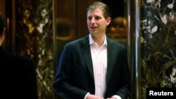 FILE - Eric Trump, son of Republican president-elect Donald Trump arrives at Trump Tower in New York, New York, Nov. 16, 2016.
