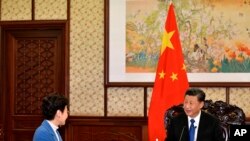 FILE - Chinese President Xi Jinping speaks with Hong Kong Chief Executive Carrie Lam, during their meeting, in Beijing, China, Dec. 16, 2019. 