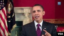 Presiden AS Barack Obama menyampaikan pidato mingguannya di Gedung Putih (22/1).