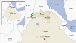 Ethiopia's Tigray region, with refugees' route into Sudan shown.