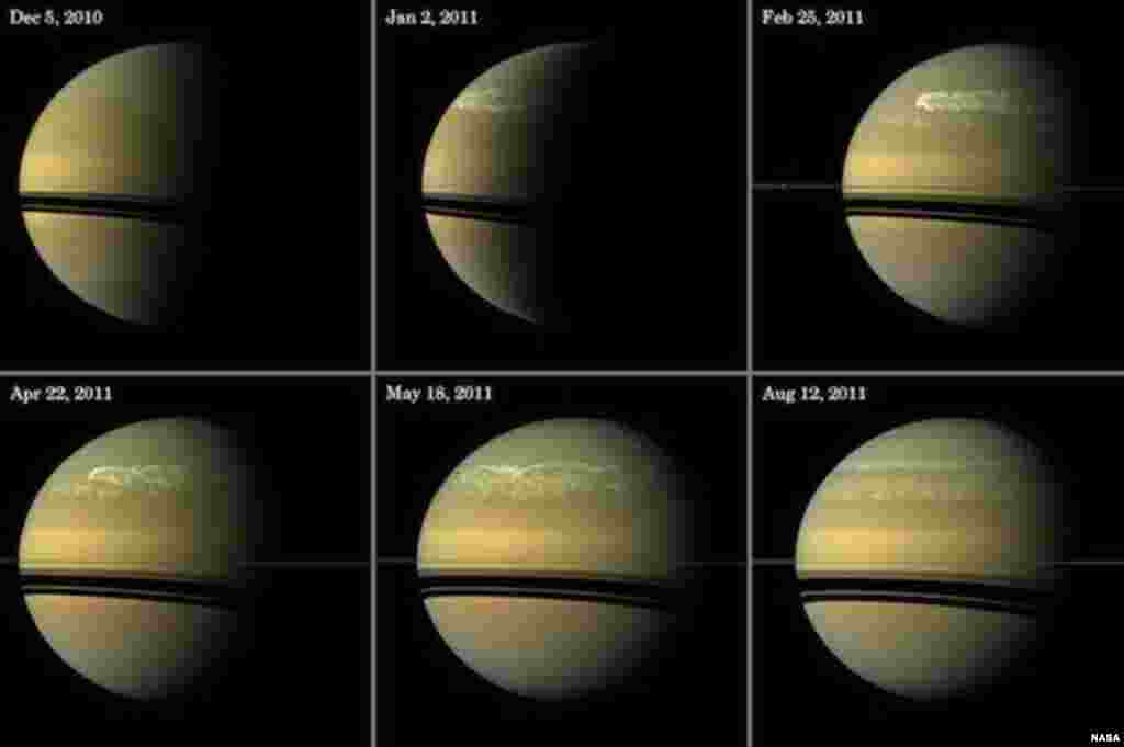 This series of images from NASA’s Cassini spacecraft shows the development of the largest storm seen on the planet since 1990. These true-color and composite near-true-color views chronicle the storm from its start in late 2010 through mid-2011, showing how the distinct head of the storm quickly grew large but eventually became engulfed by the storm’s tail.