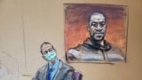 USA, Minneapolis, Former Minneapolis police officer Derek Chauvin sits in front of a picture of George Floyd displayed during Chauvin's trial