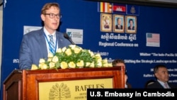 Chargé D'Affaires Michael Newbill delivered his remarks at the "Regional Conference Whither “The Indo-Pacific Strategy?” of CICP on September 20, 2018. (Photo from U.S Embassy in Cambodia' s website) 