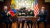 De izquierda a derecha, el embajador de EE. UU. en Ecuador, Michael Fitzpatrick, el almirante Craig Faller del Comando Sur de EE. UU., el Jefe del Comando Conjunto de las Fuerzas Armadas del Ecuador, Jorge Cabrera, y el ministro de Defensa, Fernando Donoso. [Foto cortesía]. 