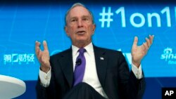 FILE - Former New York City Mayor and UN Special Envoy for Climate Action Michael Bloomberg speaks at World Bank/IMF Spring Meetings, in Washington, April 19, 2018.