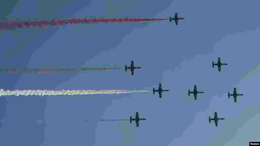 Egyptian military jets fly over Cairo as the head of Egypt's constitution court Adly Mansour was sworn in as interim head of state, July 4, 2013.