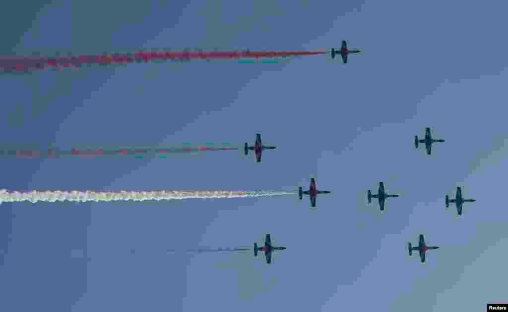 Egyptian military jets fly over Cairo as the head of Egypt's constitutional court Adly Mansour was sworn in as interim head of state, July 4, 2013.