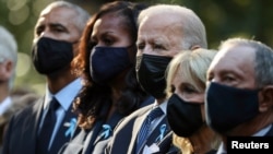 U.S. former President Barack Obama, former First Lady Michelle Obama, President Joe Bien, First Lady Jill Biden and former New York City Mayor Michael Bloomberg attend the annual September 11 Commemoration Ceremony.