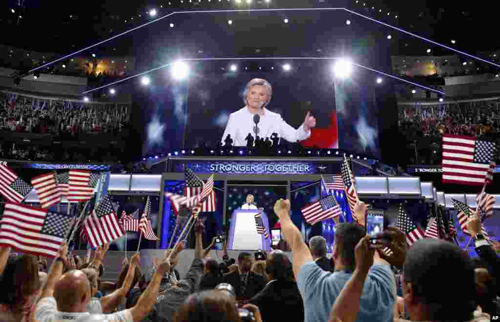 Democratic presidential nominee Hillary Clinton speaks during the final day of the Democratic National Convention in Philadelphia, July 28, 2016.