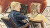 En este boceto de la sala del tribunal, Donald Trump está sentado con los brazos cruzados junto a su abogada, Alina Habba, en el Tribunal Federal de Nueva York, el 17 de enero de 2024.