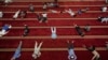 Beberapa pria Muslim beristirahat setelah usai salat Jumat pertama di bulan puasa Ramadan di Masjid Istiqlal di Jakarta. (Tatan Syuflana/AP)&nbsp;
