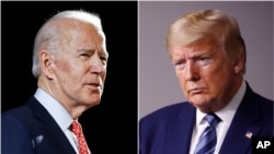 En esta combinación de fotos de archivo, el ex vicepresidente Joe Biden (izquierda) habla en Wilmington, Delaware, y el presidente Donald Trump (derecha) habla en la Casa Blanca en Washington.