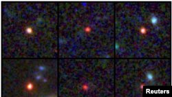 Esta imagen proporcionada por la NASA y la Agencia Espacial Europea muestra imágenes de seis galaxias masivas, vistas unos 500 u 800 millones de años luego del Big Bang