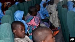 Some freed students from the Salihu Tanko Islamic School before a meeting with Niger state governor in Minna, Nigeria, Aug. 27, 2021.