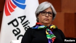 Menteri Perekonomian Meksiko Graciela Marquez dalam konferensi pers setelah menghadiri pertemuan di Mexico City, Meksiko, 10 Mei 2019.