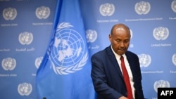 Le juge Abdulqawi A. Yusuf, président de la Cour internationale de Justice (CIJ), l'organe judiciaire principal des Nations Unies lors d'une conférence de presse, le 29 octobre 2019 à New York.