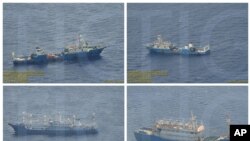 This combination of Sept. 3, 2016 photos provided by the Philippine Government shows what it says are surveillance pictures of Chinese coast guard ships and barges at the Scarborough Shoal in the South China Sea. 