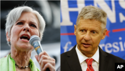 Yashillar partiyasidan prezidentlikka nomzod Jill Stayn (chapda) va Libertarianlar nomzodi Gari Jonson