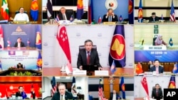 In this photo, Singaporean Foreign Minister Vivian Balakrishnan, center, speaks from Singapore during a videoconference on COVID-19 between ASEAN Foreign Ministers and U.S. Secretary of State Mike Pompeo on Thursday, April 23, 2020. (Singapore Ministry of Foreign Affairs via AP)