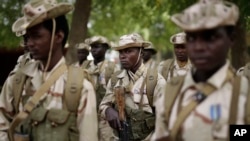 Les troupes chadiennes participent à la cérémonie de clôture de l'opération Flintlock dans une base de l'armée à N'Djamena, Chad, lundi 9 mars 2015, avec l'armée américaine et ses partenaires occidentaux. (Photo AP / Jérôme)