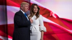Republican presidential candidate Donald Trump gives a thumbs up after his wife, Melania, spoke during the Republican National Convention, in Cleveland, July 18, 2016.