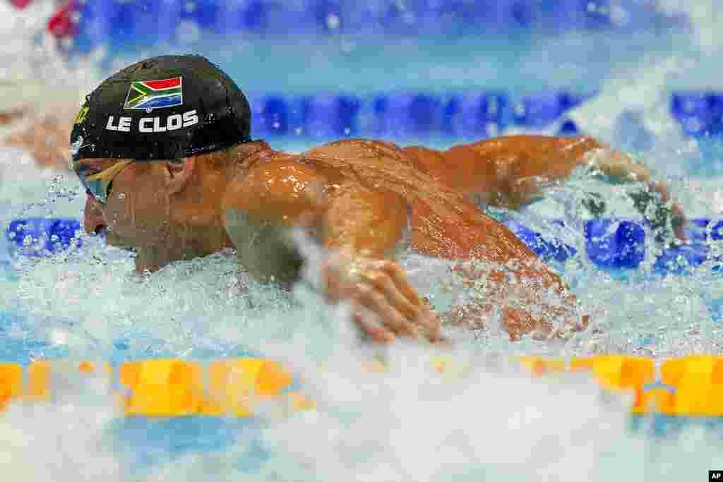 Chad le Clos, of South Africa, swims in a heat of the men's 100-meter butterfly at the 2020 Summer Olympics, Thursday, July 29, 2021, in Tokyo, Japan. (AP Photo/Martin Meissner)